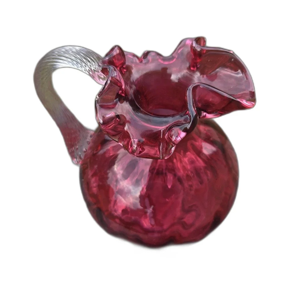 VTG Cranberry Glass Pitcher Ruffled Rim Clear Reeded Handle Optic 6.5 Inch